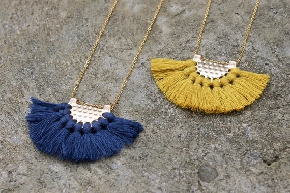 Tassel Fan Necklace // Boho Necklace // Mustard Navy Necklace // Gold Tassel Necklace // Bohemian... | Etsy (US)