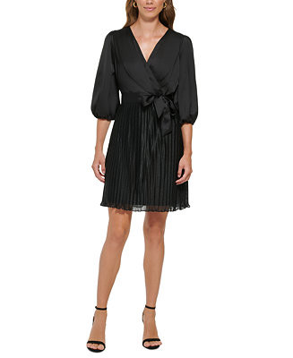 DKNY Pleated Balloon-Sleeve Faux-Wrap Dress & Reviews - Dresses - Women - Macy's | Macys (US)