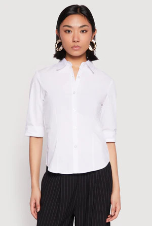 Poplin Quarter Sleeve Button Front Shirt | Rainbow Shops