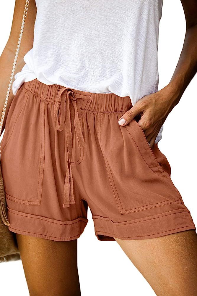 FEKOAFE Womens Lightweight Shorts Casual Drawstring Elastic Waist Cotton Shorts with Pockets | Amazon (US)