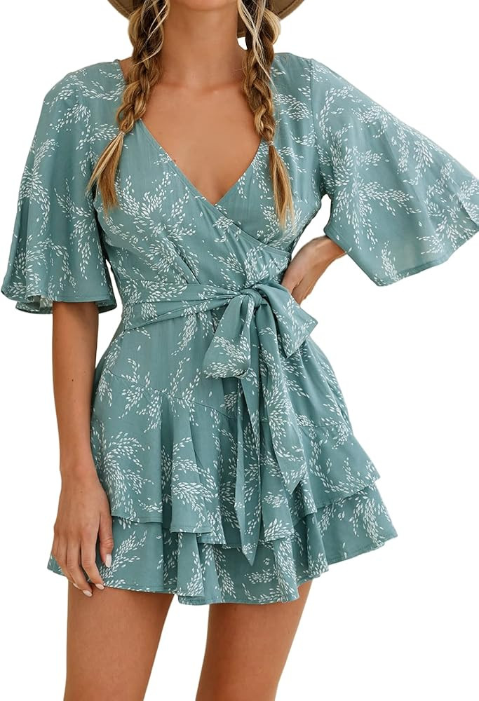 Relipop Women's Rompers Floral Wrap V Neck Flared Sleeve Waist Tie Zip Back Double Layer Ruffle H... | Amazon (US)