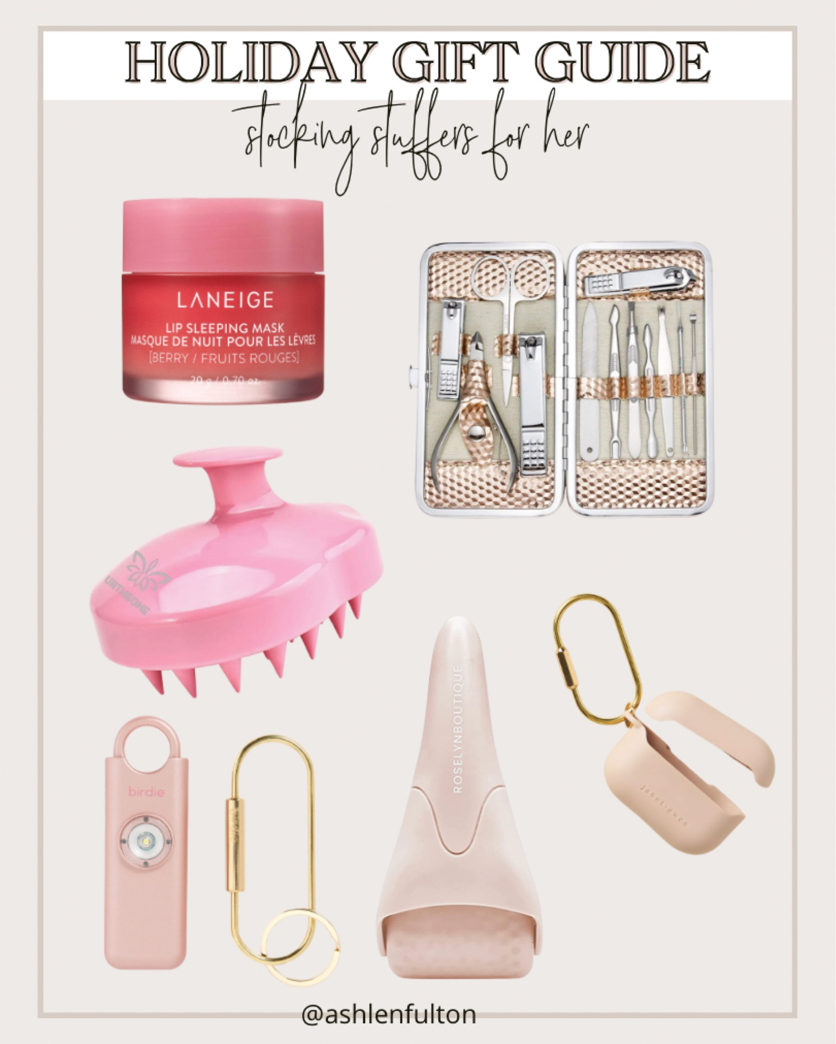 Holiday gift guide, stocking stuffers for her, lip mask, scalp massager, air pod case, travel manicure set, ice roller, protective alarm for key chain 

#LTKSeasonal #LTKHoliday #LTKGiftGuide