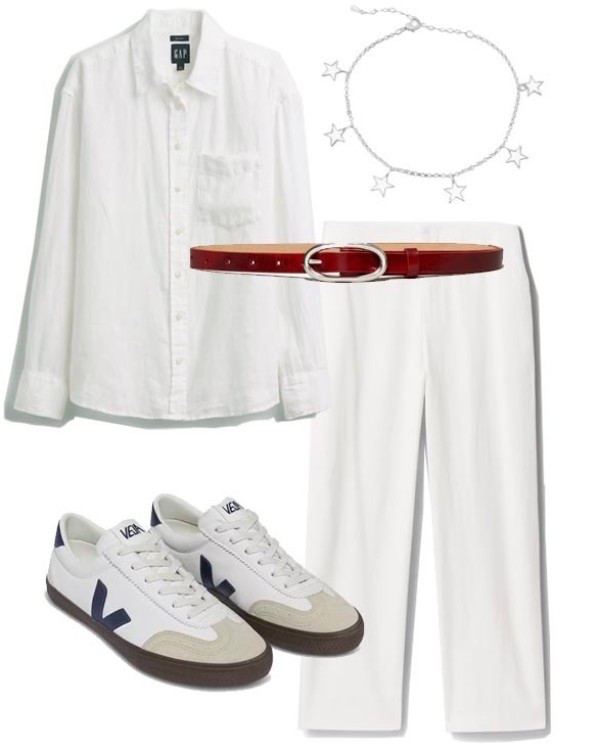 A super cool all white outfit with just a hint of red and blue for summer holidays.

#LTKootd #LTKSeasonal #LTKOver40