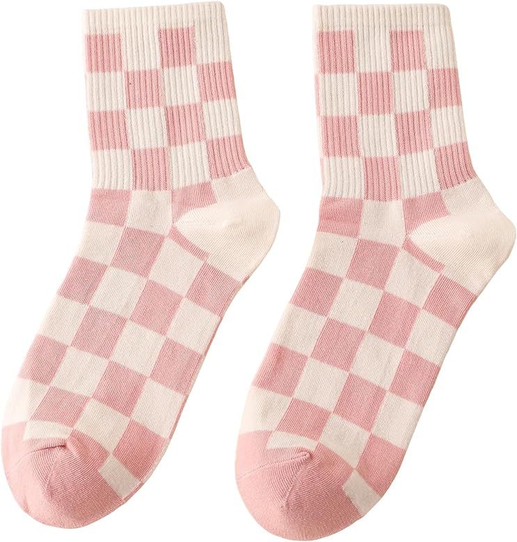 OYOANGLE Women's 1 Pair Cute Plaid Print Knit Ankle Crew Socks Soft Casual Colorblock Pattern Soc... | Amazon (US)