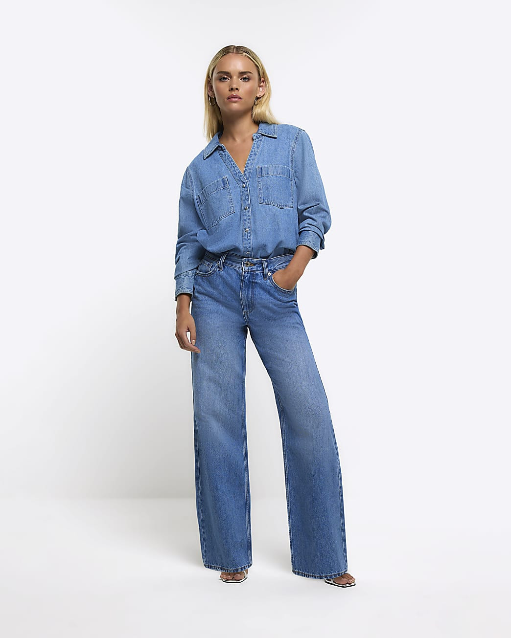Petite blue high waisted straight leg jeans | River Island (UK & IE)
