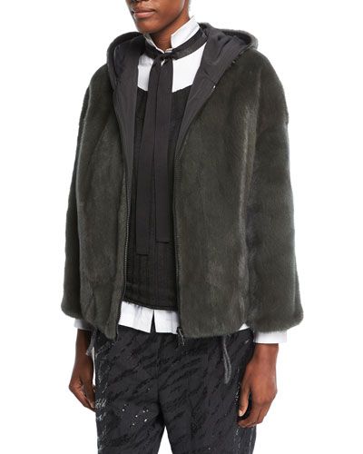Reversible Mink Fur Hooded Jacket with Taffeta Lining | Neiman Marcus