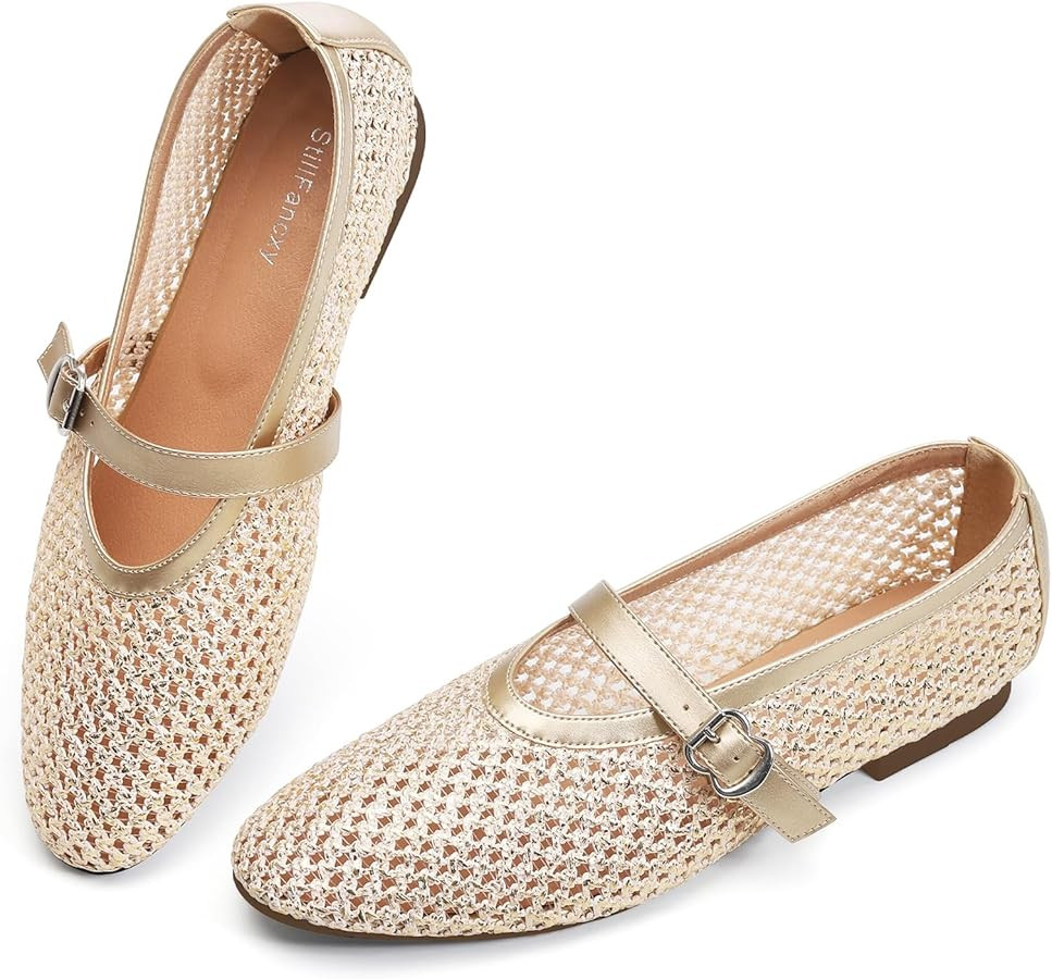 Mesh Ballet Flats for Women Adjustable Strap Mary Jane Flats Casual Office Shoes | Amazon (US)