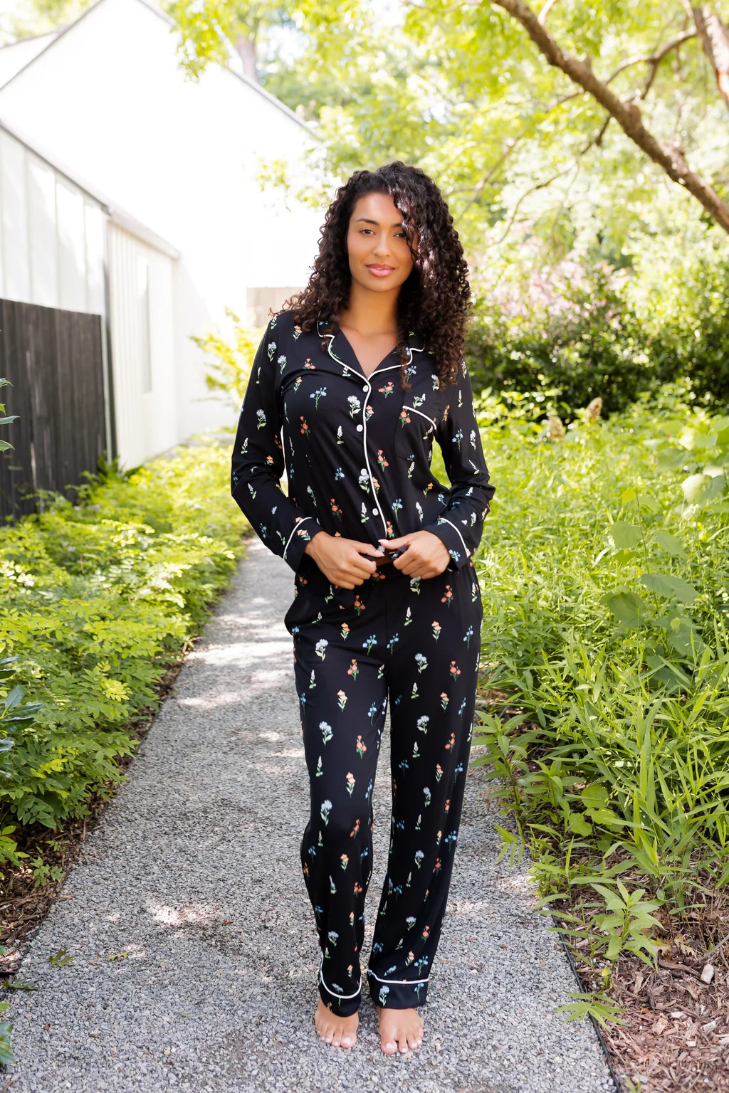 Long-Sleeved Women's Pajama Set in Midnight Wildflower | Kyte Baby