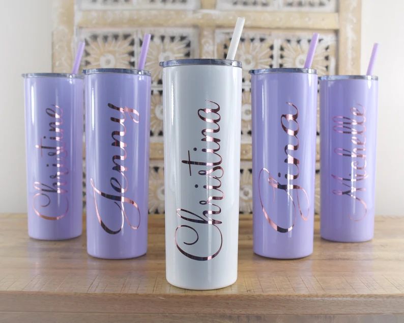 Personalized Bridesmaid tumbler custom cups with straws insulated purple rose gold wedding tumble... | Etsy (US)