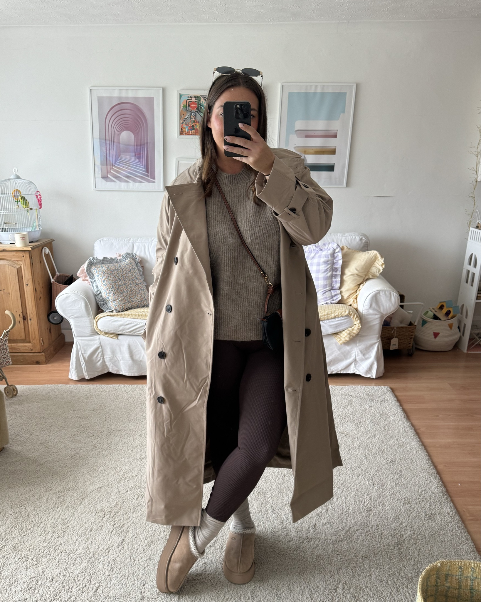 Trench coat 
Autumn outfit 
Transitional outfit 
Cosy clothes 
Ugg tazz styling 
New in h&m 
Leggings outfit 
Longchamp  
Wearing size M trench coat & leggings 
Size L jumper  


#LTKmidsize #LTKautumn #LTKeurope