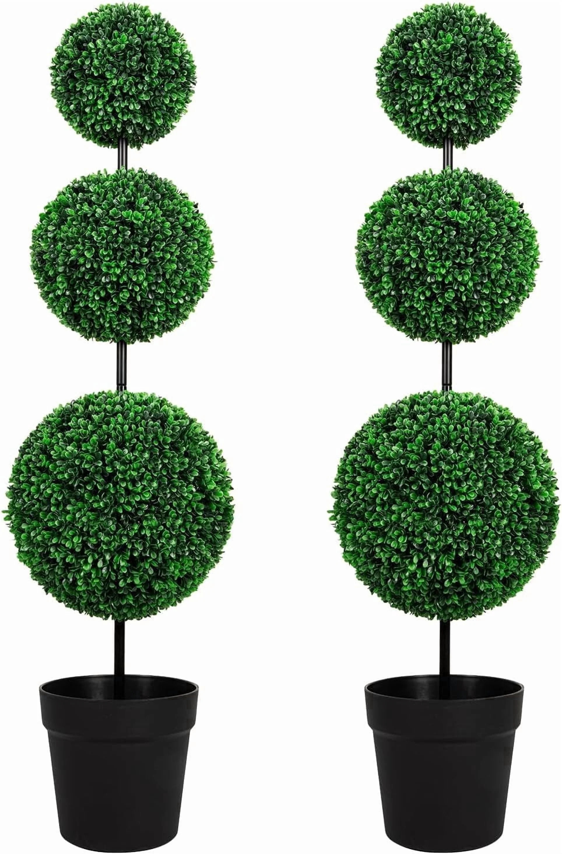 ROMSWI 4FT Artificial Triple Ball Boxwood Topiary Tree 2 Pack UV Resistant Faux Topiary Plant for... | Walmart (US)