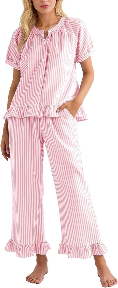 Flygo Womens Striped Pajama Sets 2 Piece Cotton Pjs Lounge Set Ruffle Button Down Tops Long Pants... | Amazon (US)
