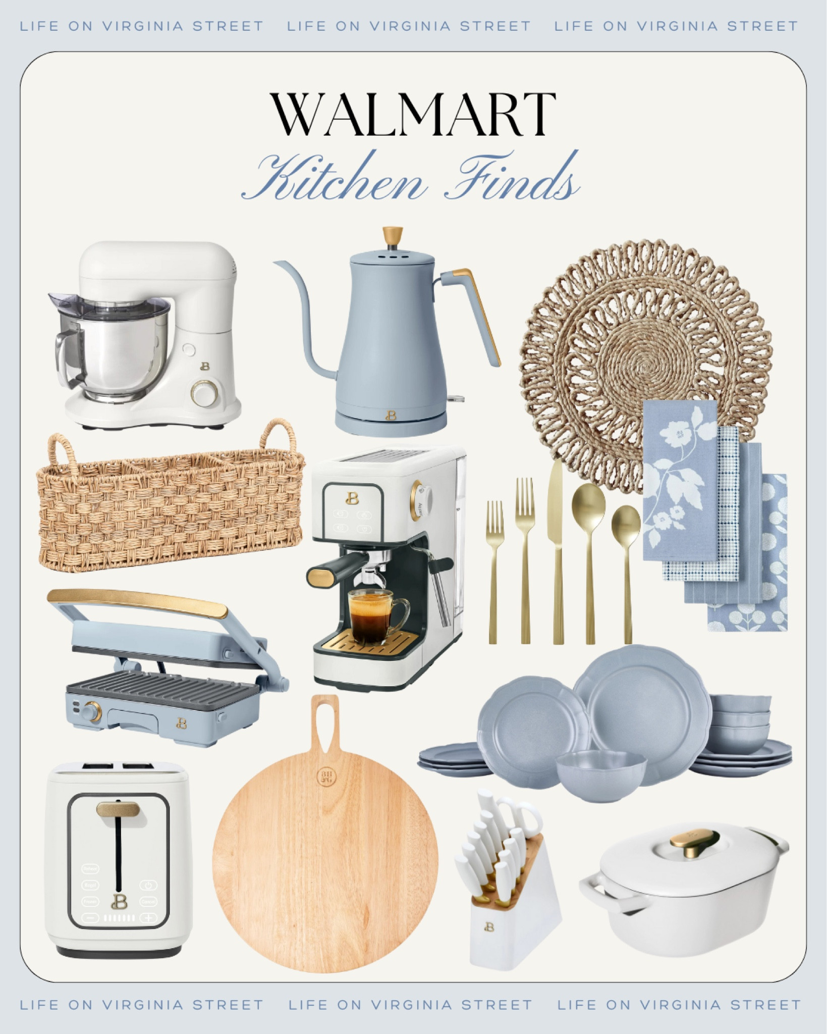New Walmart kitchen and entertaining finds! I’m loving these coastal kitchen ideas including a matte blue kettle, white mixer, white Dutch oven, light wood serving board, gold flatware, light blue panini press, rattan placemats and more!
.
#ltkhome #ltkfindsunder50 #ltkfindsunder100 #ltksalealert #ltkstyletip #ltkseasonal cute appliances, kitchen decor, Drew Barrymore Beautiful line at Walmart 

#LTKSeasonal #LTKxWalmart #LTKHome