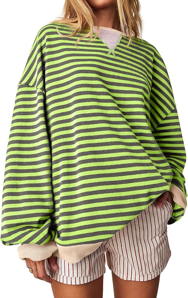 Fisoew Womens Striped Oversized Sweatshirt Color Block Crew Neck Long Sleeve Shirt Casual Loose P... | Amazon (US)