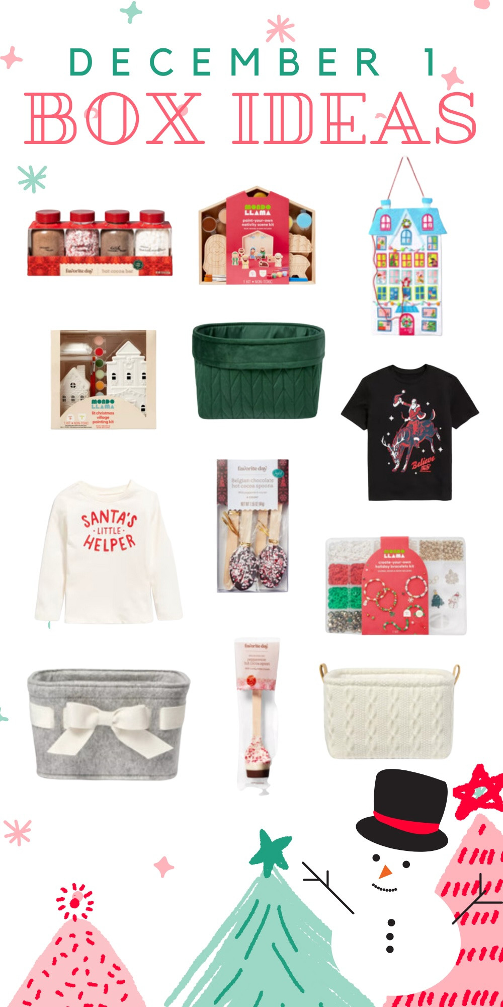 Fun December 1 box ideas including reusable baskets, clothing, crafts, and hot chocolate kits.  

 #LTKHoliday