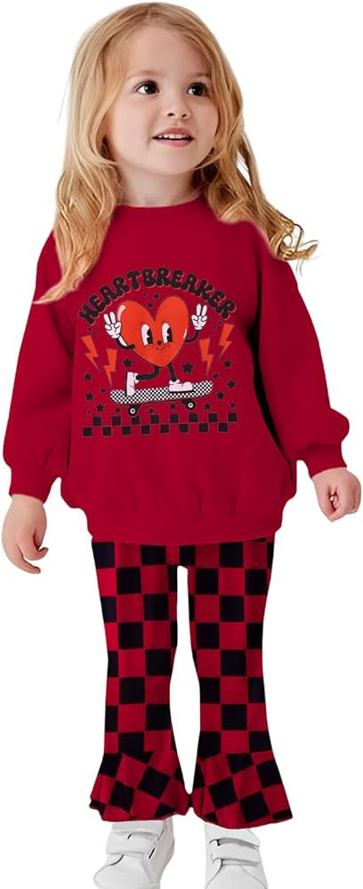 SOFEON Toddler Girls Valentine's Day Outfits Heart Sweatshirt Plaid Wide Leg Pants Set 2Pcs Kids ... | Amazon (US)