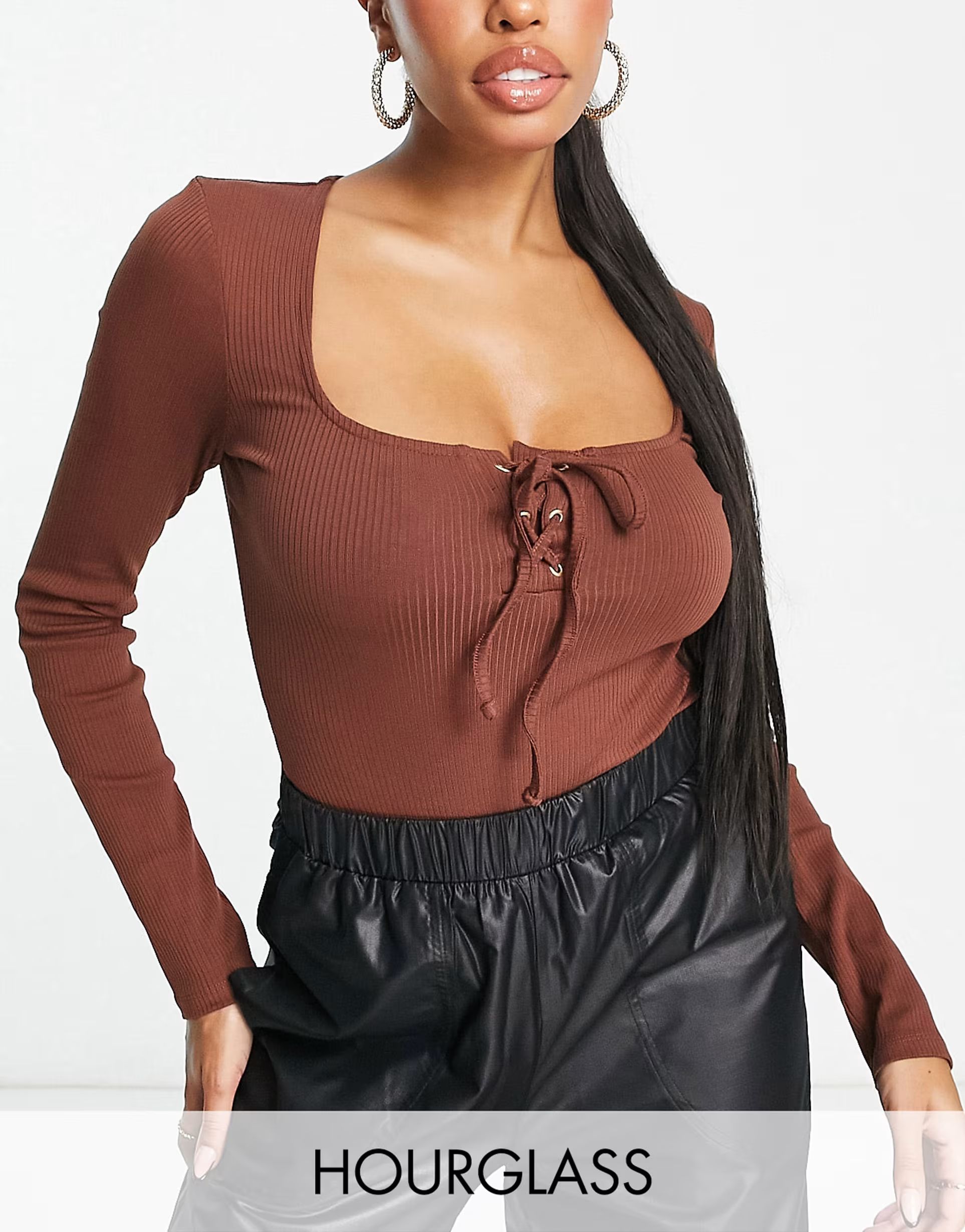 ASOS DESIGN Fuller Bust lace up front long sleeve bodysuit in chocolate | ASOS (Global)