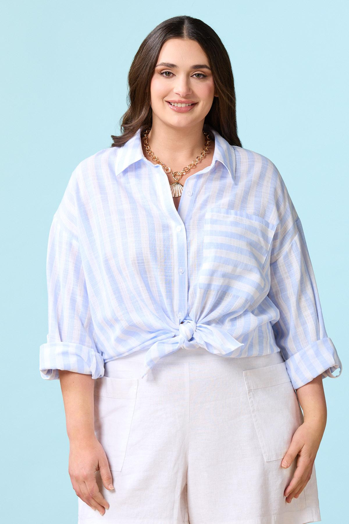 Plus Size Stripe Linen Button Down Shirt | Cato Fashions