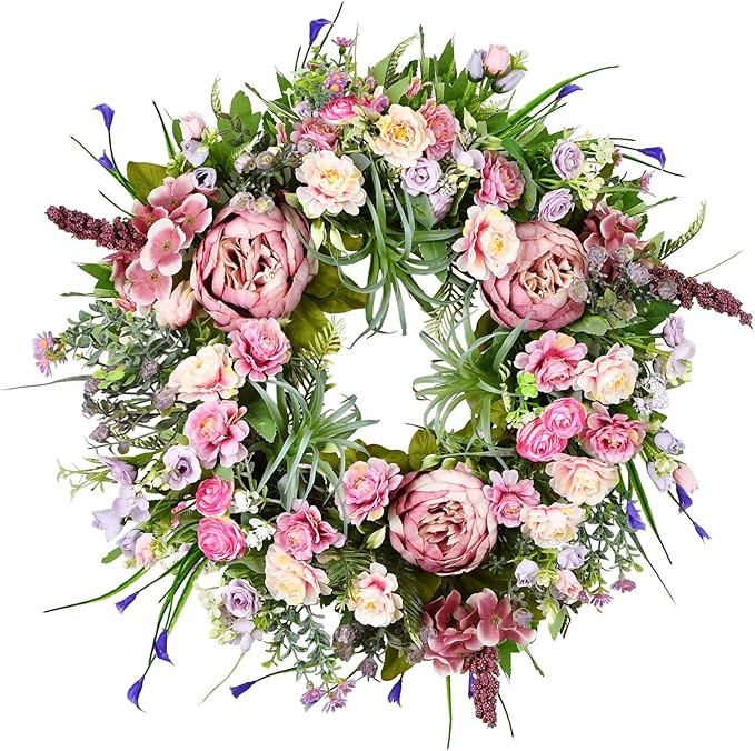Peony Spring Summer Wreath for Front Door 20inch, TechKen Handmade Articial Blooming Peony Succul... | Amazon (US)