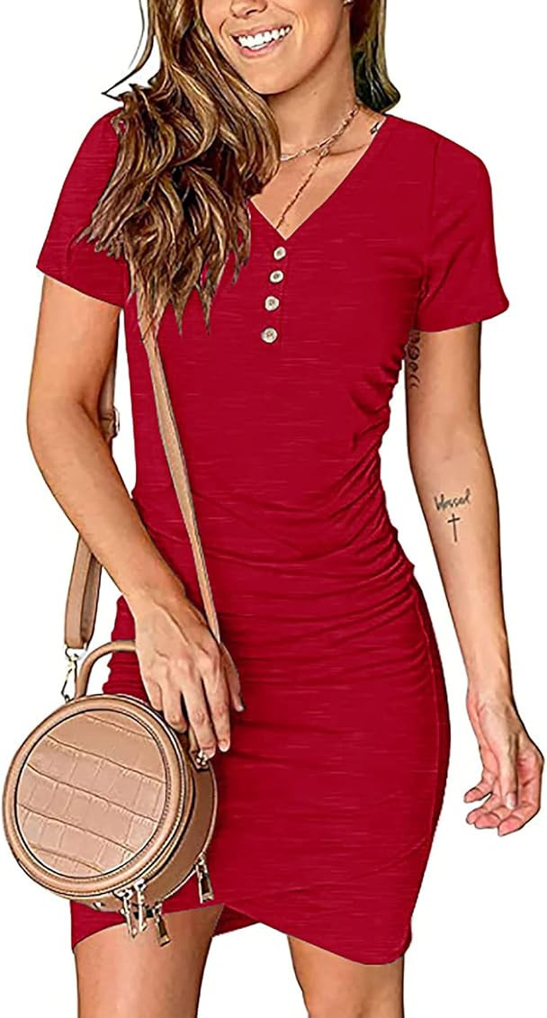 BTFBM Women’s Summer Casual V Neck Short Sleeve Ruched Bodycon T Shirt Short Mini Dresses with Butto | Amazon (US)