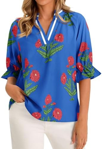 Cicy Bell Womens Boho Floral Blouses Puff Ruffle Sleeve V Neck Summer Shirts Dressy Casual Flowy ... | Amazon (US)