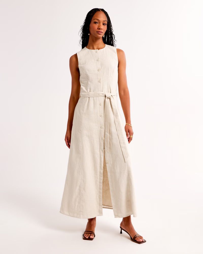 Linen-Blend Belted Midi Dress | Abercrombie & Fitch (US)