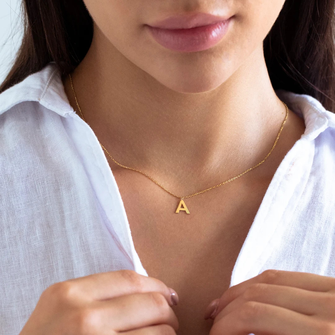 14K Solid Gold Initial Letter Necklace Gold Letter Pendant - Etsy | Etsy (US)