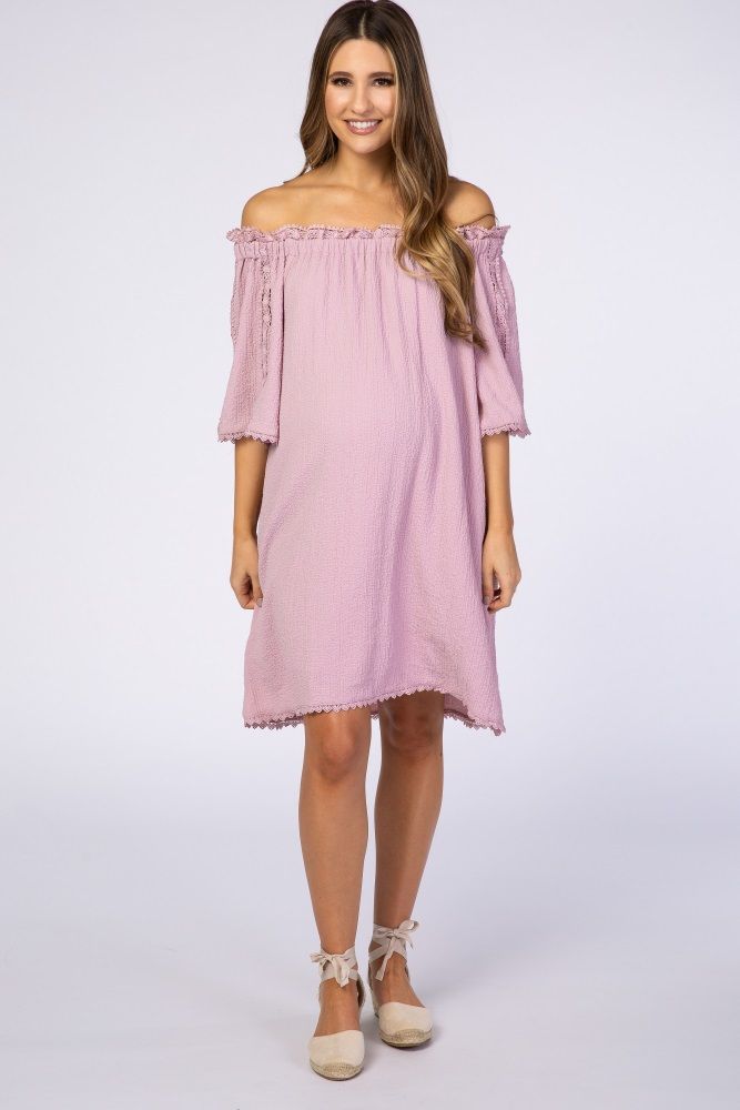 Lavender Lace Trim Off Shoulder Maternity Dress | PinkBlush Maternity