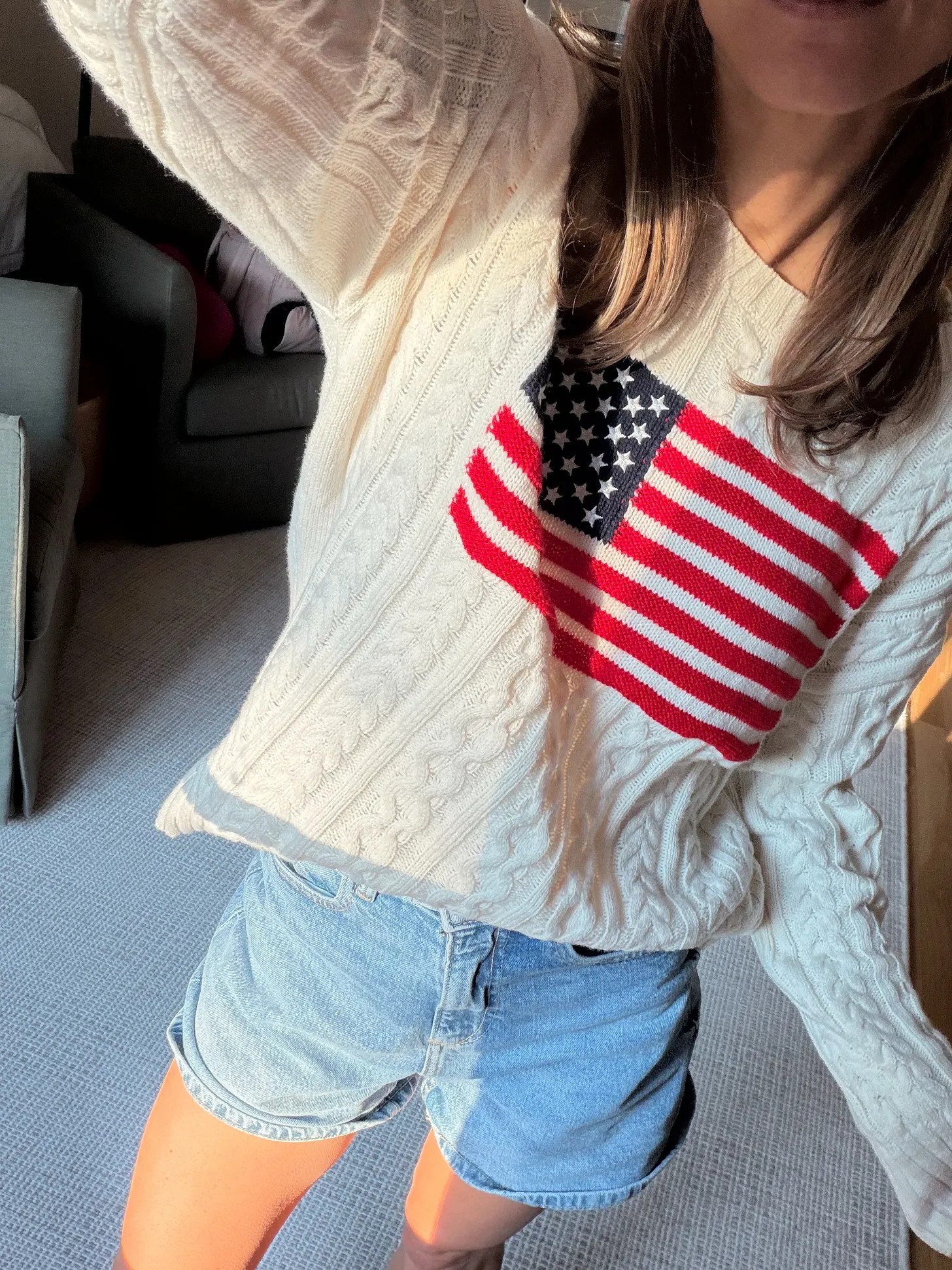 Target American Flag Sweater (wearing XS) and Zara Mom Jean Shorts (TTS) 

 