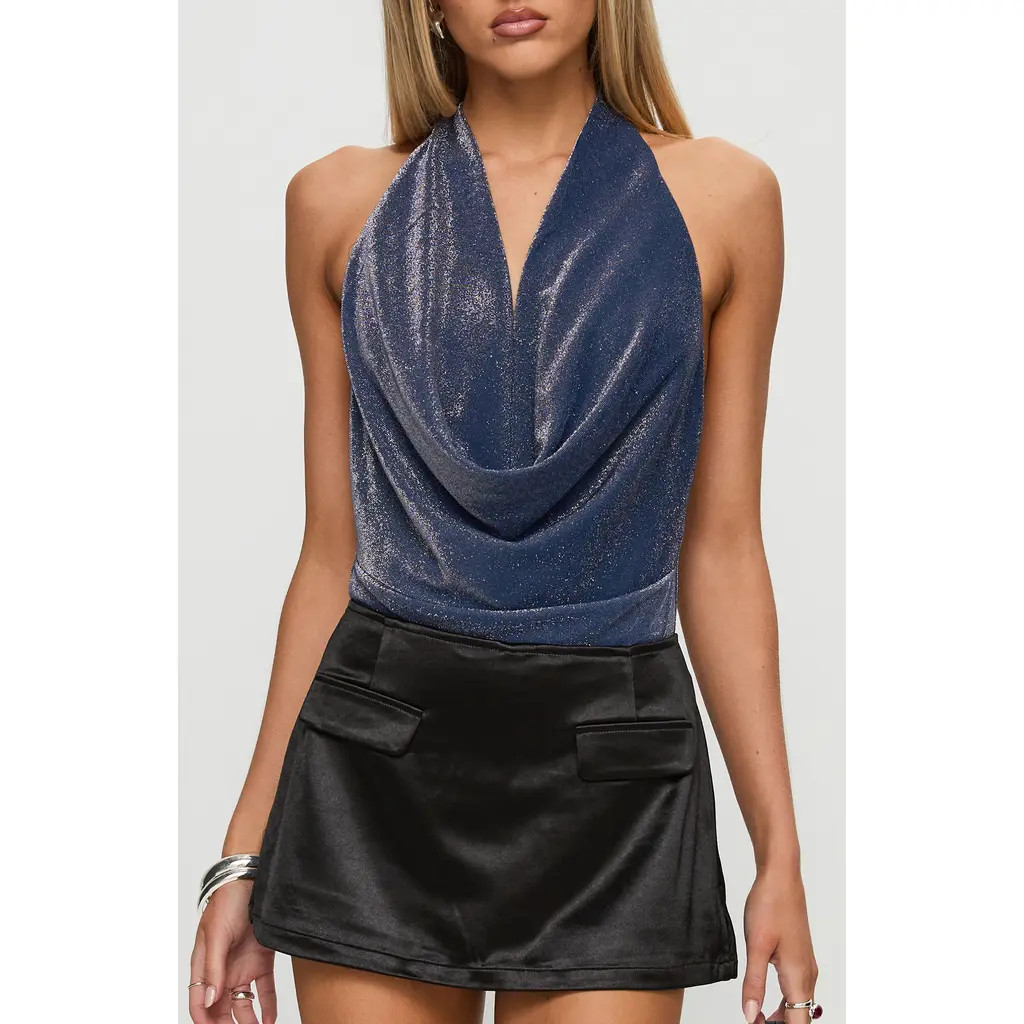 Princess Polly Rumie Plunge Cowl Neck Halter Bodysuit in Blue at Nordstrom, Size 2 | Nordstrom