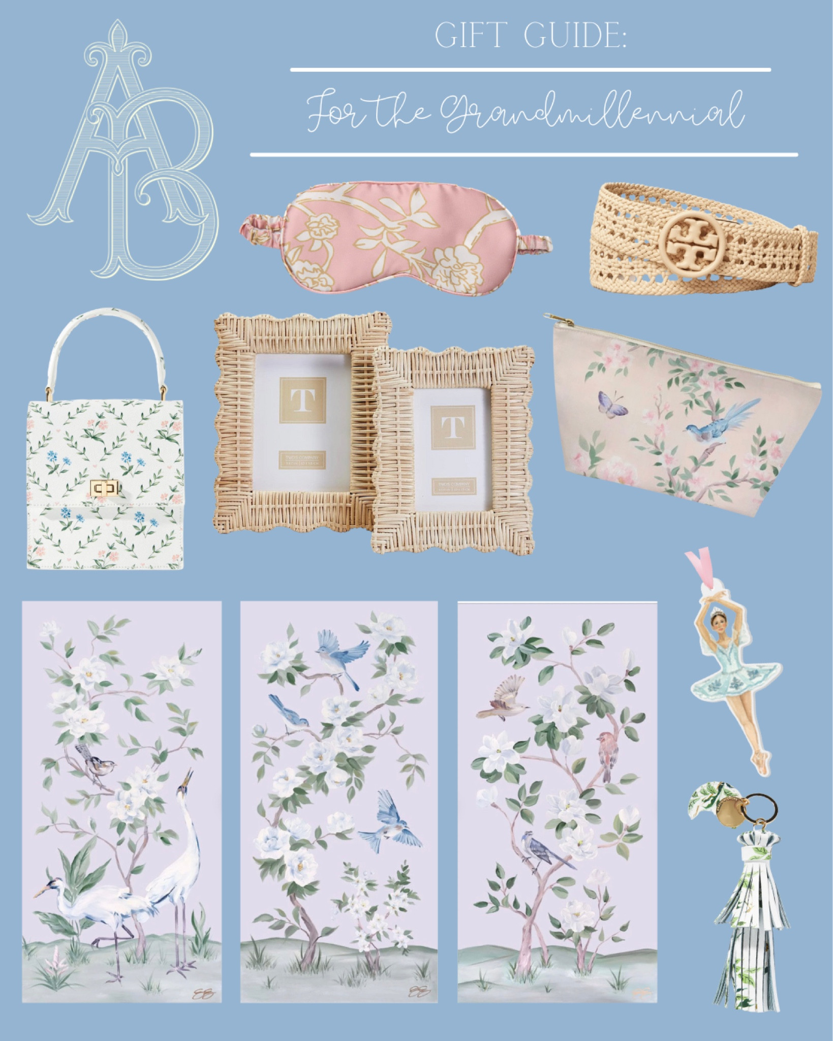 Grandmillennial gift guide, part 1! I’ll have several GM gift guides over the next week, make sure to check back for more!

Grandmillennial style, chinoiserie panels, scalloped wicker rattan photo frames, Neely and Chloe dondolo handbag on sale, Tory Burch woven belt, chinoiserie eye mask, ballet nutcracker watercolor ornament, Grandmillennial home style, Christmas finds, go finding, tj Maxx finds, pastel Christmas, pink Christmas, candy cane, nutcracker, Christmas party inspiration, pastel aesthetic 

#LTKhome #LTKSeasonal #LTKGiftGuide