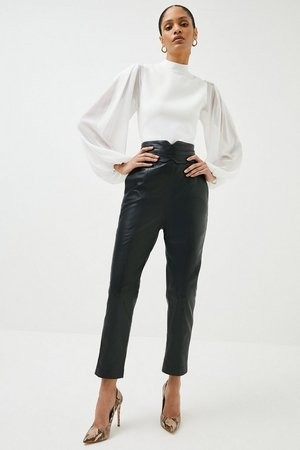 Leather High Waist Slim Leg Trouser | Karen Millen UK & IE