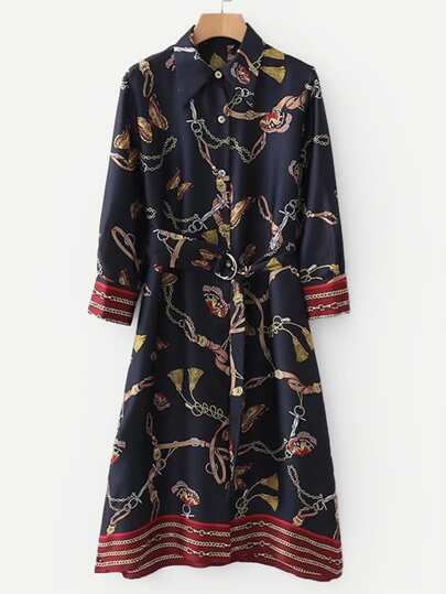 Self Tie Chain & Animal Print Shirt Dress | SHEIN