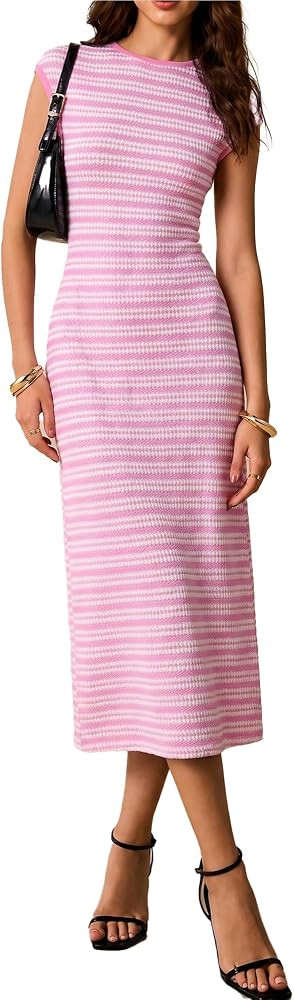 Women Striped Crew Neck Cap Sleeve Bodycon Midi Dress Casual Daily Wear | Amazon (US)