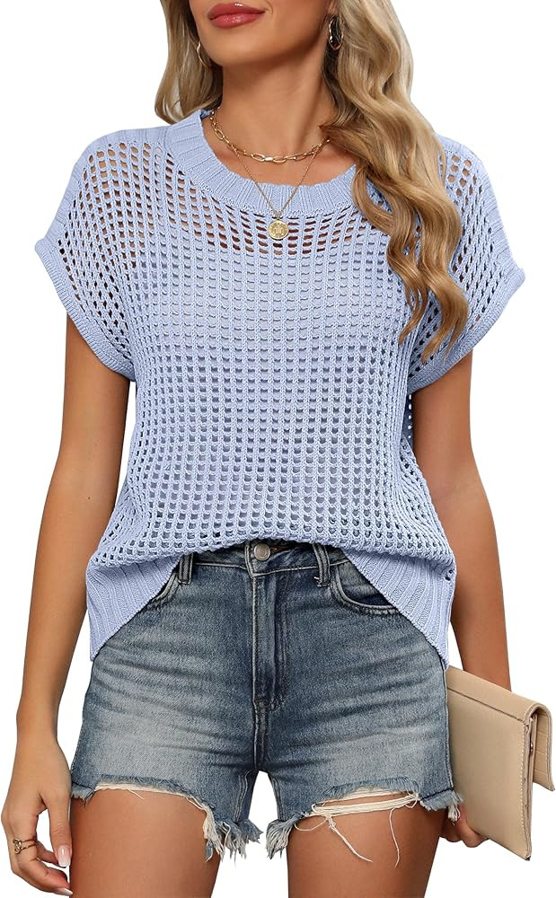 ANRABESS Womens Summer Crochet Sweater Tops Casual Cap Short Sleeve Hollow Out Mesh Knit Beach Co... | Amazon (US)