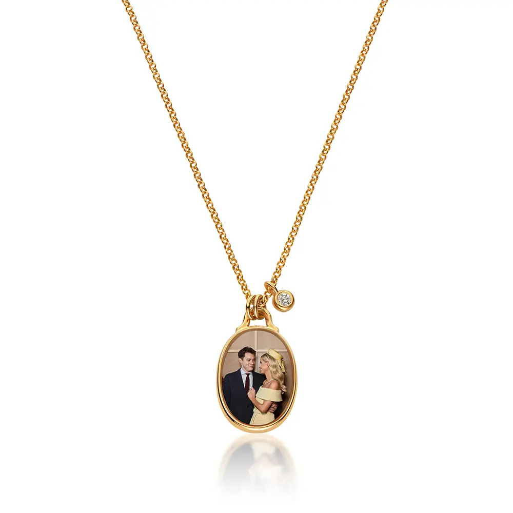 The Keepsake Oval Photo Necklace in Gold Plating with 0.10CT Diamond | Theo Grace