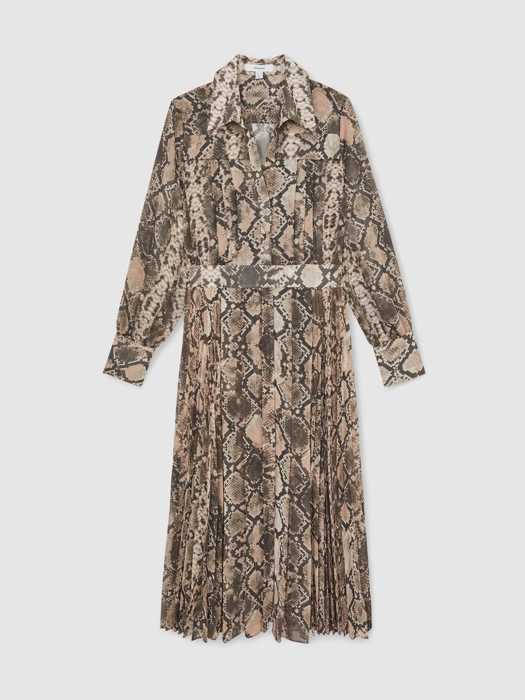 Snake-Print Pleated Midi Dress in Neutral | Reiss US