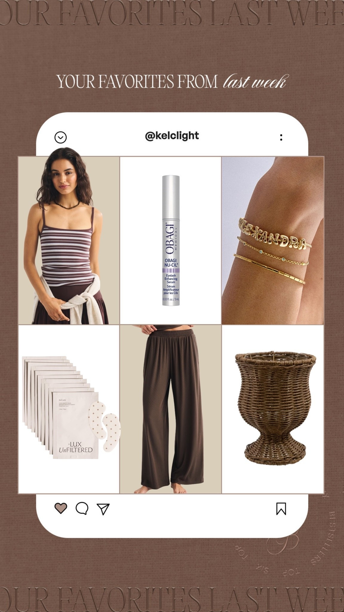Your faves from last week✨ 
1. The best tank back in stock
2. Eyelash serum I’ve been using 
3. Custom name bracelet 
4. My fave eyepatches 
5. The comfiest lounge pants
6. Walmart planters

#LTKHome #LTKBeauty #LTKmomlife