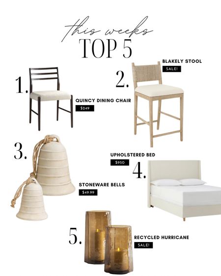 This weeks top 5!! My Quincy dining chairs, and Ballard designs counter stools, the designer dupe clay bells, and these beautiful hammered hurricane glasses. This beautiful upholstered bed is Target and priced so well! 

#LTKstyletip #LTKsalealert #LTKhome