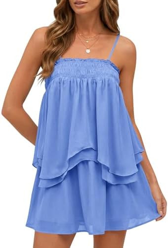 Wenrine Womens Summer Two Piece Skirt Sets Casual Smocked Cami Tops Mini Skirts Ruffle Tiered Flo... | Amazon (US)