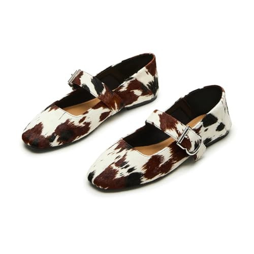 DOEYG Brown Cow Print Mary Janes Flats for Women Square Toe Ballet Flats Shoes Buckle Strap Dressy Comfortable Casual Ballerina Shoes Size 9.5 | Amazon (US)