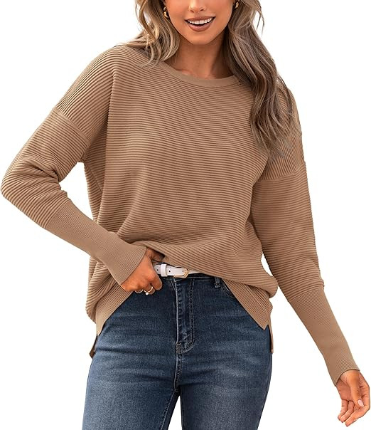 BTFBM Casual Women 2023 Fall Sweater Long Sleeve Ribbed Knit Pullover Loose Crewneck Batwing Spli... | Amazon (US)