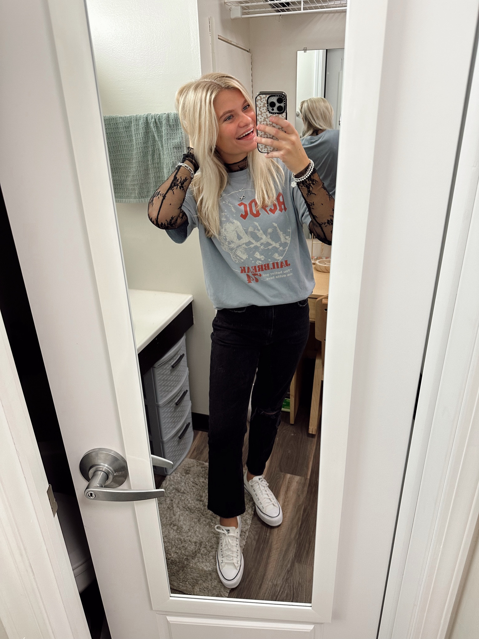 I’ve linked similar shirts below! 
The lace shirt is from Amazon. 
Jeans are the same style just different wash! 
I’ve linked similar black ones all from Abercrombie. 
Shoes and jewelry are linked as well  


#LTKSeasonal #LTKFallSale #LTKStyleTip