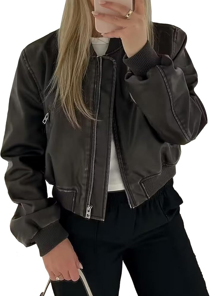 Womens Faux Leather Cropped Jacket Zip Up Long Sleeve PU Leather Bomber Jacket Outerwears | Amazon (US)