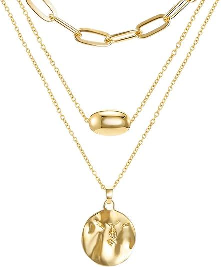 FAMARINE Gold Layered Pendant Long Necklace, 3 Layer Choker Necklace Chain Pendant Costume Jewelr... | Amazon (US)