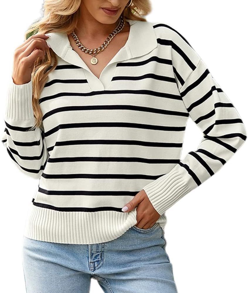 BQDCQB Women Striped Pullover Sweater Polo V Neck Casual Loose Color Block Lightweight Long Sleev... | Amazon (US)
