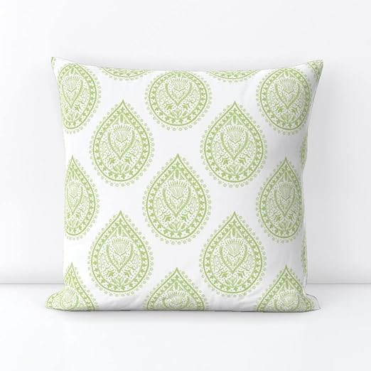 Spoonflower Square Throw Pillow, 18", Linen Cotton Canvas - Pear Green Paisley Block Print Medall... | Amazon (US)