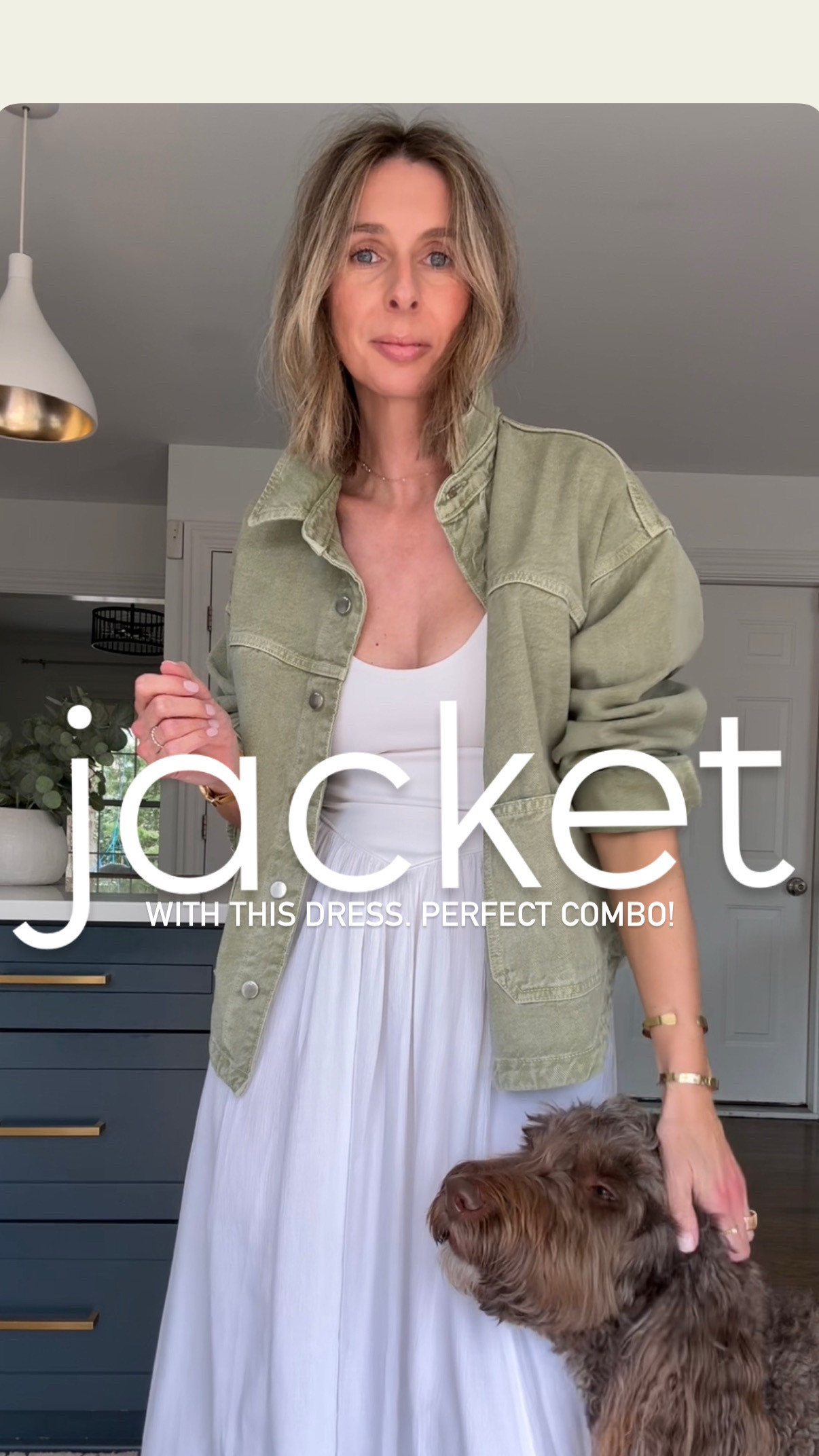 obsessed with this combo. delicate dress. cool jacket. yesssssss, pls! 

wearing small in the dress (ON SALE TODAY!) and a medium in the jacket. 
jacket linked as blue, but the green is there when you click!! 👌 

puppy not linked. 🙄