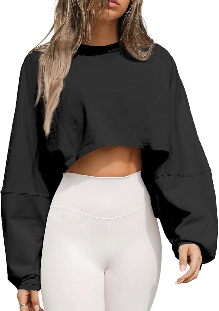 Remidoo Women's Casual Long Sleeve Cropped Sweatshirt Crewneck Pullover Shirt | Amazon (US)