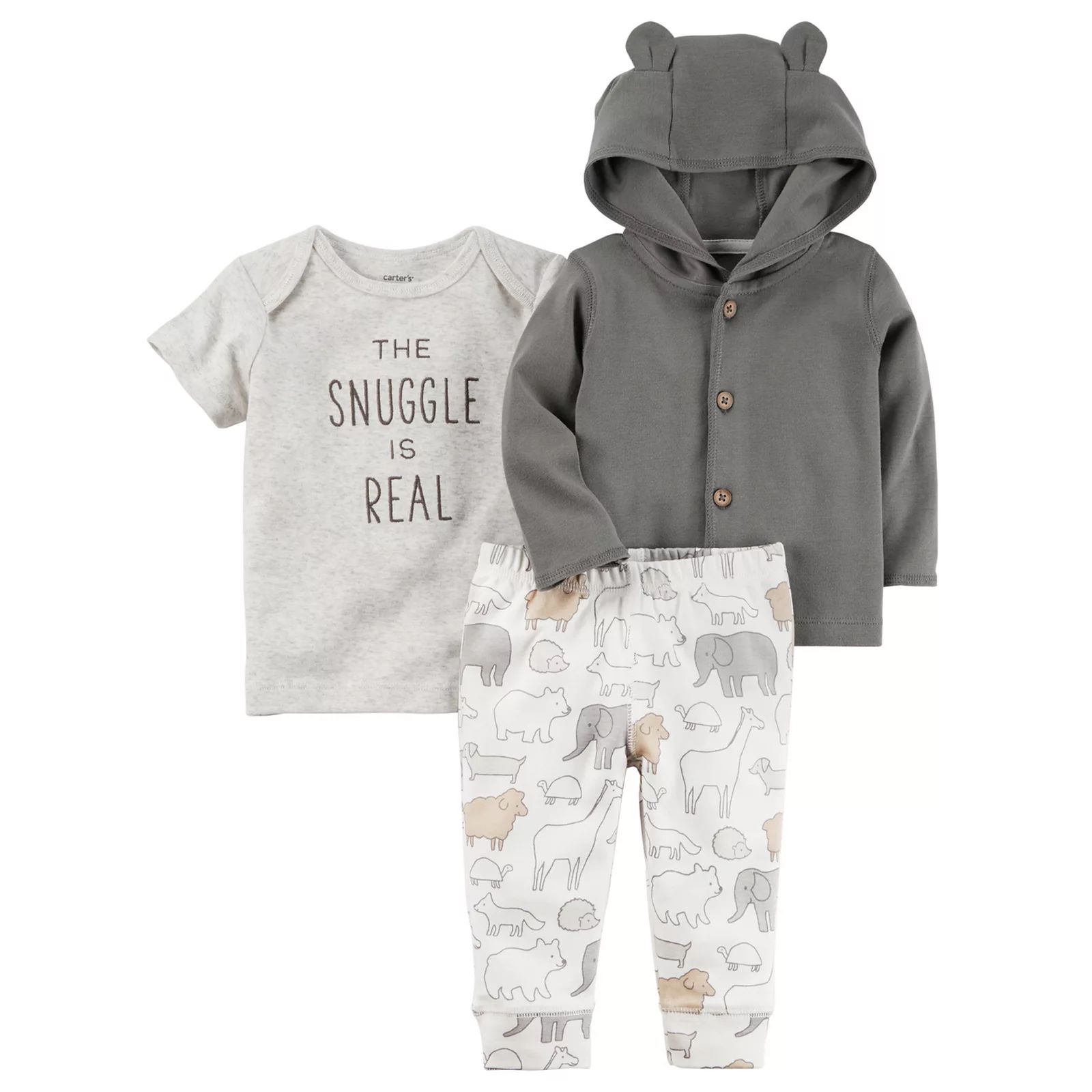 Baby Carter's "The Snuggle is Real" Tee, Hooded Cardigan & Animal Pants Set, Infant Unisex, Size: Newborn, Grey | Kohl's